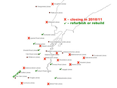 Illustration showing the Greater Belfast libraries that are proposed for closure and renovation