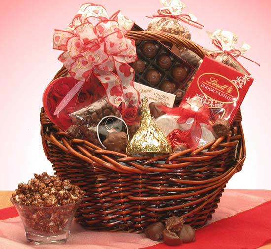 The Valentines Chocolate Gourmet gift basket bears tidings of great love as