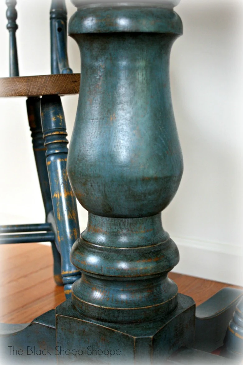 Pedestal table base painted in Aubusson, distressed, and aged with dark wax.