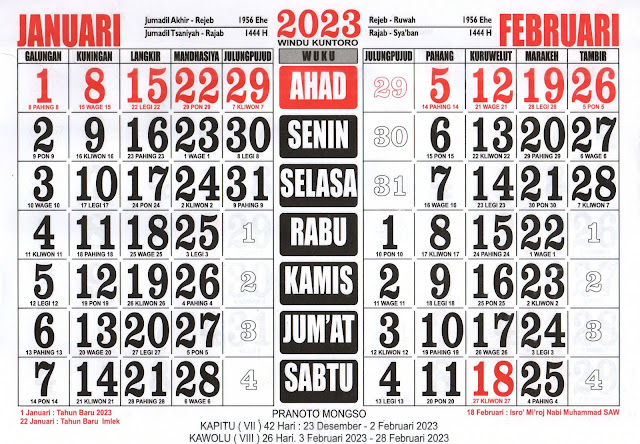 Download Kalender 2023 Februari Lengkap dengan Tanggal Merah, Wuku dan Hari Pasaran