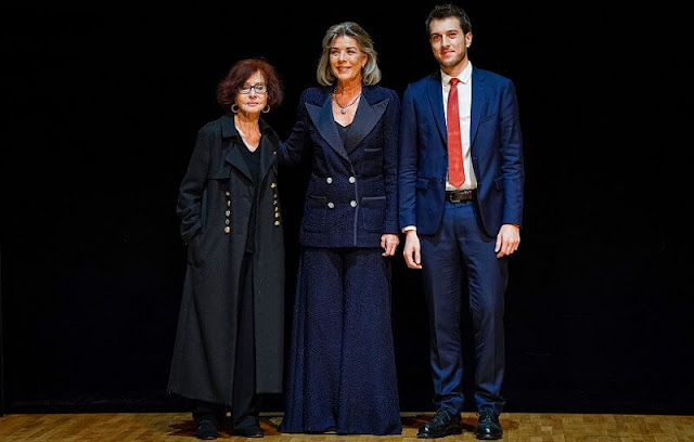 Princess Caroline wore a navy jacket and wide-leg pants by Chanel. Charlotte Casiraghi wore a ruffled dress by Chanel
