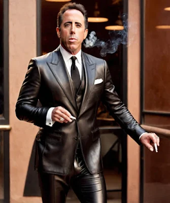 Jerry Seinfeld wearing a black leather suit and smoking a cigar from the knees up outside in the city