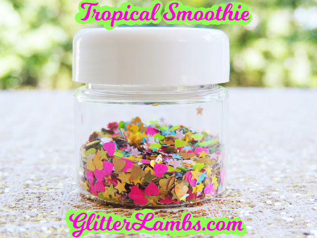 Tropical Smoothie-gold holographic hearts, gold holographic stars, neon green hearts, neon hot pink hearts, mini bubblegum pink stars, mini baby blue stars and mini yellow stars 