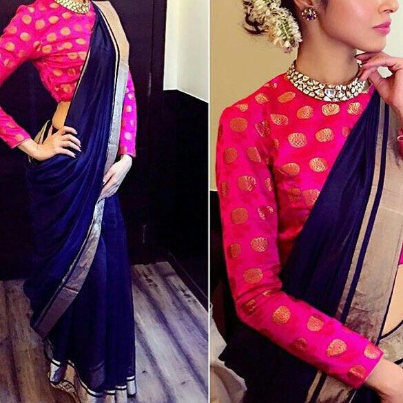 45 Latest Plain saree with Designer Blouse Ideas, Glam up your Plain  saree looks