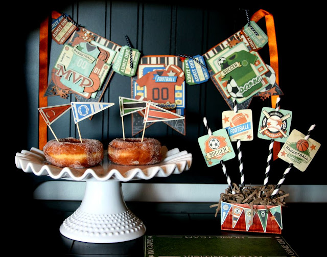 Sport Banner Party Decor by Ginny Nemchak using BoBunny Game On and Pentart Lasur Gel