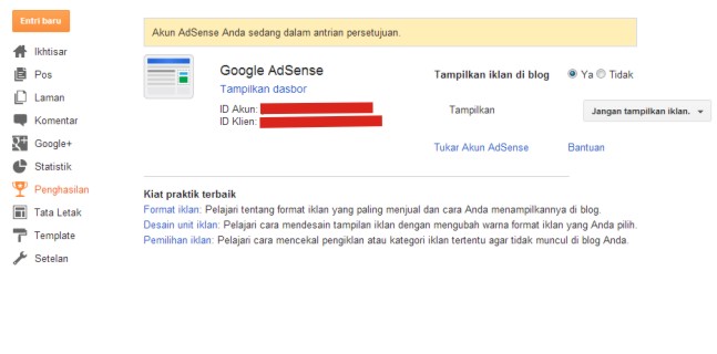 Menunggu Aproval dari pihak AdSense