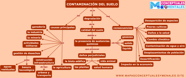 Mapa conceptual de la contaminación del suelo, concepto causas y efectos