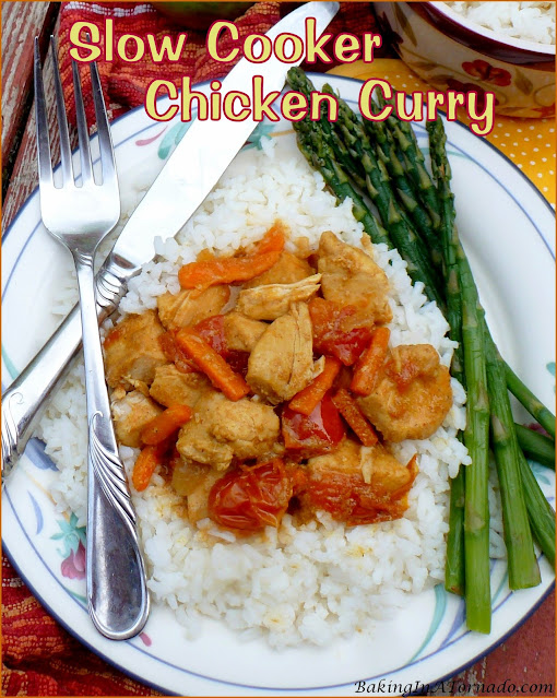 Slow Cooker Chicken Curry, this easy dinner recipe is slow cooked for maximum flavor. | recipe developed by www.BakingInATornado.com | #recipe #dinner