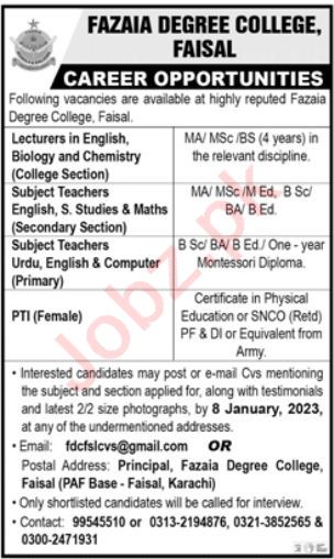 Latest Fazaia Degree College Teaching Posts Karachi 2023