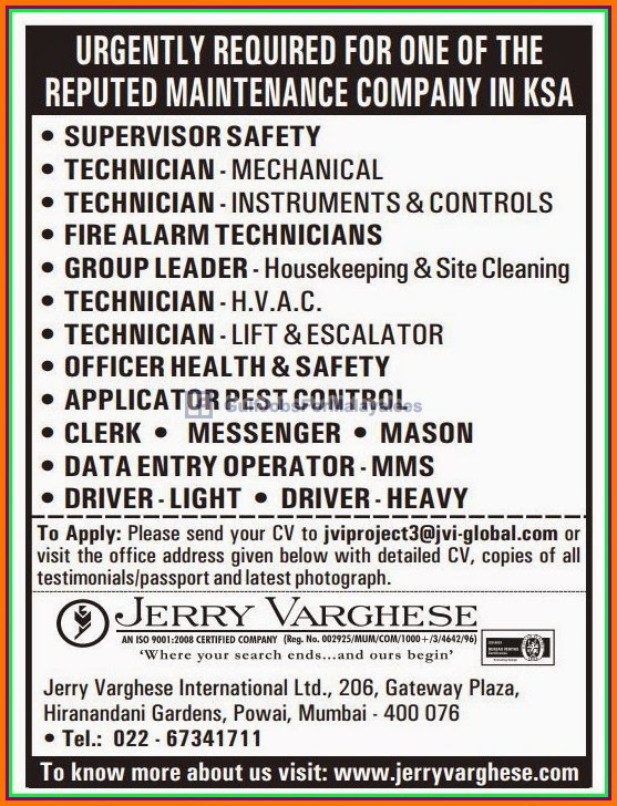 Urgently Required for Maintenance Company KSA