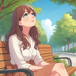 公園のベンチで空を見上げる女性。少し涙ぐんでるけど、穏やかな顔