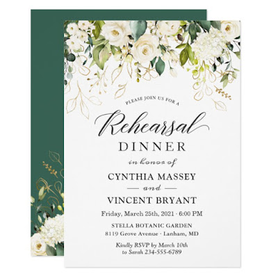  White Roses Greenery Floral Rehearsal Dinner Invitation