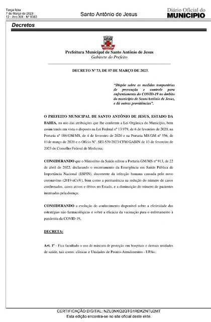 SAJ: Prefeitura, através de decreto, tornou facultativo o uso de máscara de proteção contra a COVID-19 em ambiente hospitalar