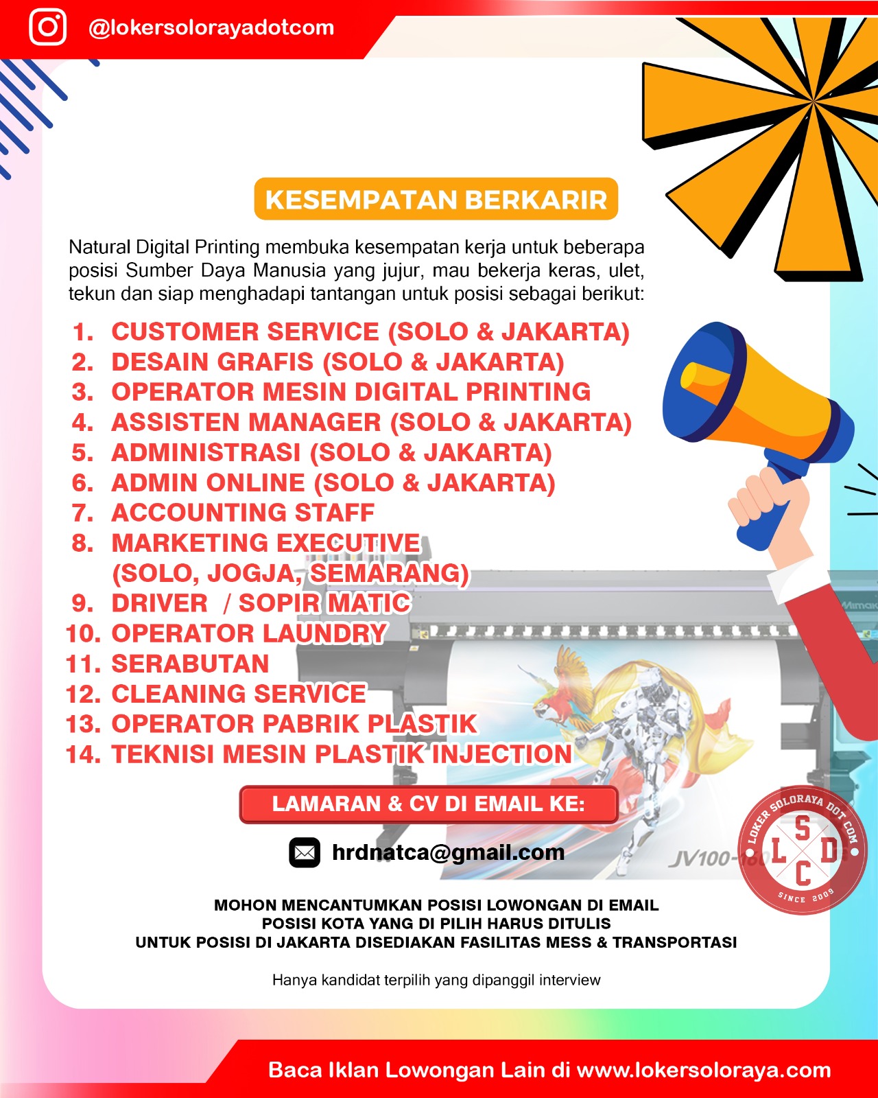 Loker Solo Marketing Executive, Driver, Operator, Serabutan, dll di Natural Digital Printing