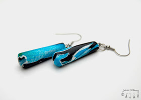 Boucles oreilles pâte polymère encre alcool pinata bleu jaune vert noir Stenna Création