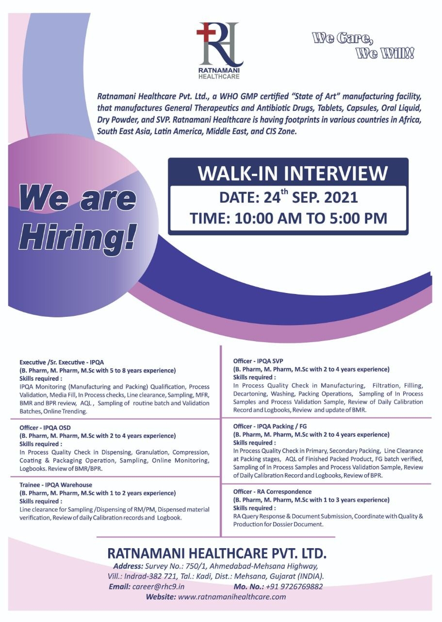 Job Available,Ratnamani Healthcare Pvt. Ltd Walk In Interviews for IPQA / RA