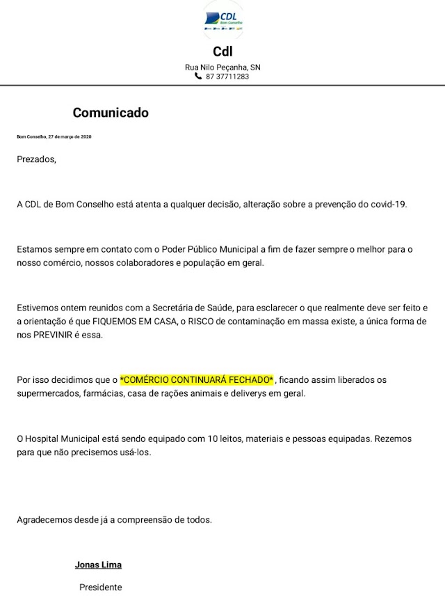 COMUNICADO DA CÂMARA DE DIRIGENTES LOJISTAS DE BOM CONSELHO