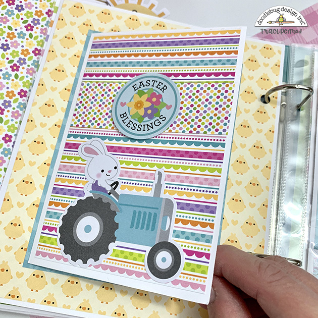 Easter Scrapbook Album Page with a rabbit on a tractor, little yellow chicks, and a pretty flowers