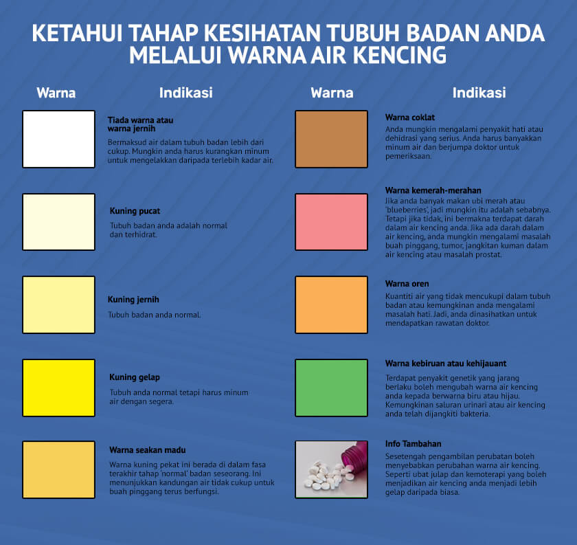 15 Warna Air Kencing Yang Menandakan Tahap Kesihatan Tubuh 