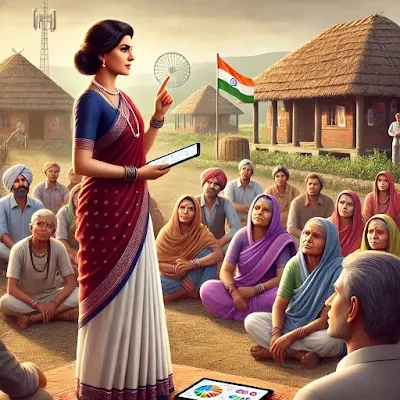 A confident woman leading a Panchayat meeting in rural India, symbolizing women’s empowerment in grassroots governance.