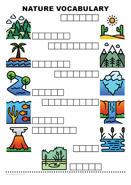 Nature vocabulary worksheet - writing words into letterboxes