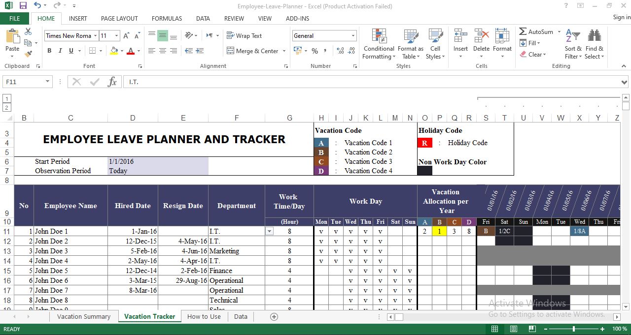 Employee Vacation Tracker Excel Template