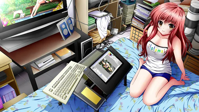 Anime Girl, TV, Computador, Teclado