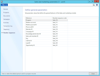 screenshot of Number sequences in Sales and marketing parameters