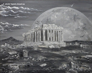  Parthenon on the Full Moon - Original Acrylic Painting on Canvas Panel in Black and White by the Artist Yannis Koutras