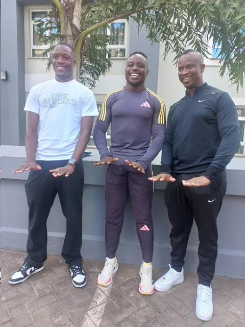 World 100m silver medalist Letsile Tebogo, Africa's fastest man Ferdinand Omanyala, and Tebogo’s coach Dose Mosimanyane