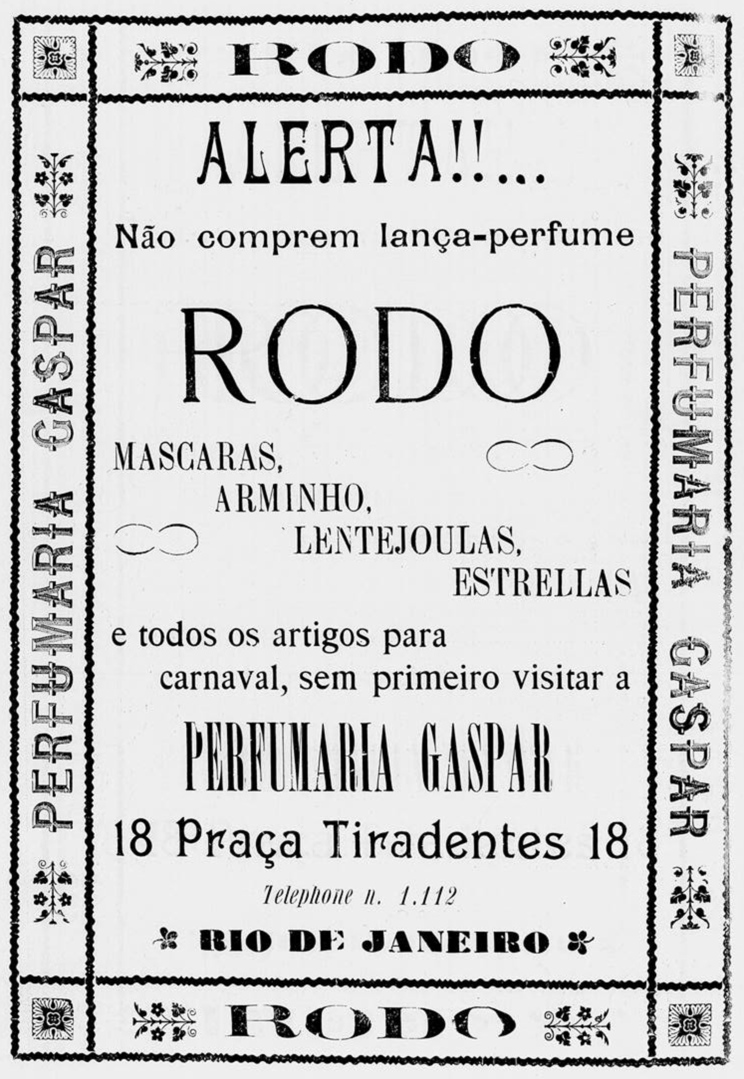 Anúncio veiculado em 1912 apresentando a oferta do Lança Perfume da marca Rodo na Perfumaria Gaspar
