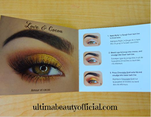 First step-by-step eyeshadow look in Too Faced Chocolate Gold Palette's How-To Glamour Guide. Caption reads: "Love & Cocoa"