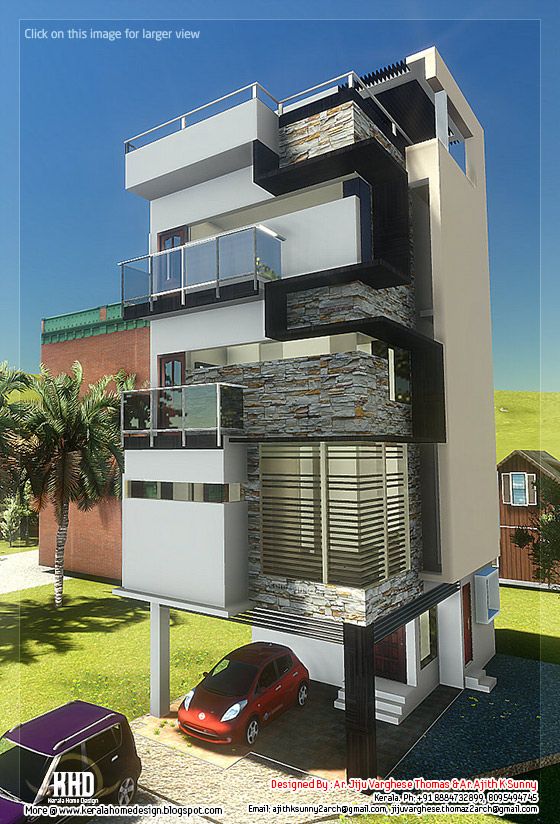3 Floor contemporary  narrow  home  design Kerala home  