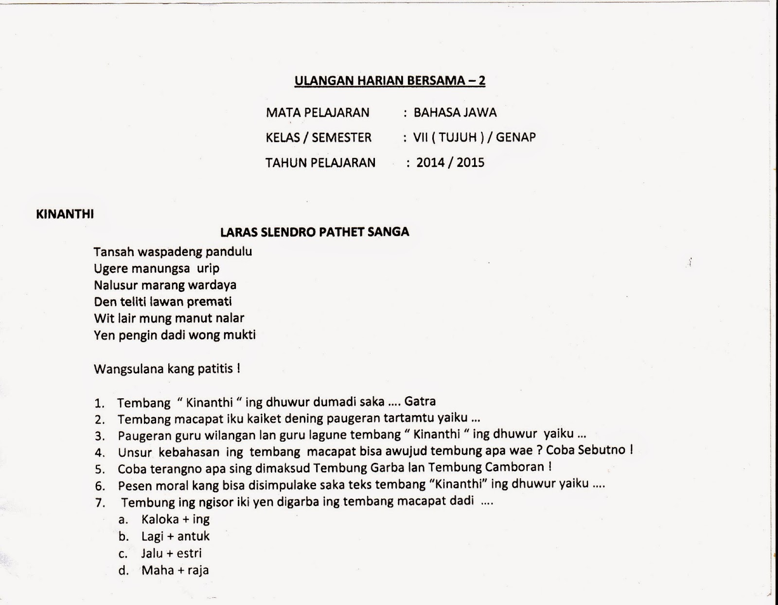 UHB Ulangan Harian Bersama Bahasa Jawa SMP Kelas 7 Semester Genap 2014 2015