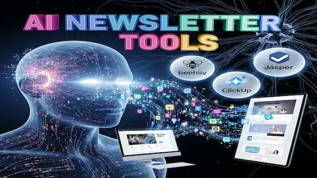 AI Tools for Blog-to-Newsletter Conversion A large humanoid AI head made of circuits generating a newsletter from a blog post, with logos for beehiiv, Jasper, and ClickUp, illustrating the best AI newsletter tools.