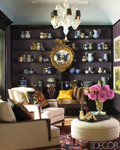 elle decor aubergine (purple or eggplant) built in bookcases 