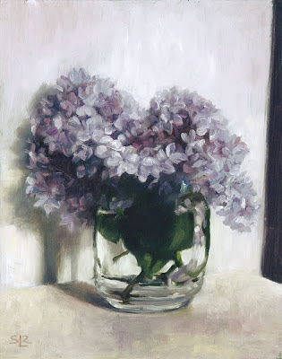 Lilacs in a glass cup, oil on panel, 8"x10", by Shannon Reynolds