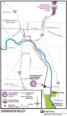 Map showing brighwater facility location and purple pipes to Sammamish Valley areas where water is being used. 