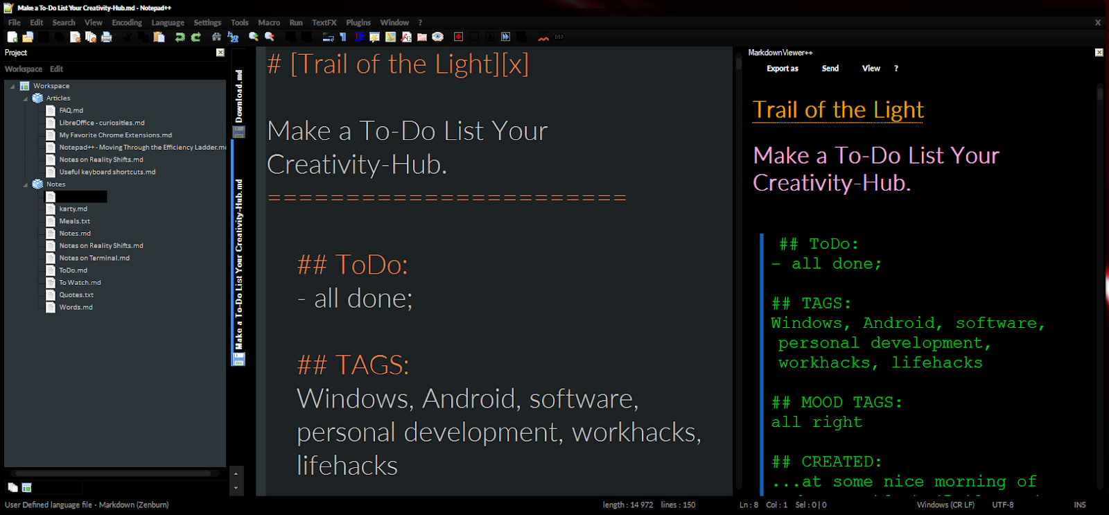 Notepad++ with workspace and Markdown view panels.