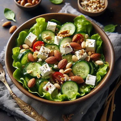 Auf dem Bild ist eine große Salatschale gefüllt mit grünen Salat, Gurkenscheiben, gemischte Nüsse, Feta gewürfelt, Zwiebelringe und Paprikastreifen zu sehen. Der Feta-Nuss-Salat sieht appetitlich aus und auf jeder Grillparty der Hit.