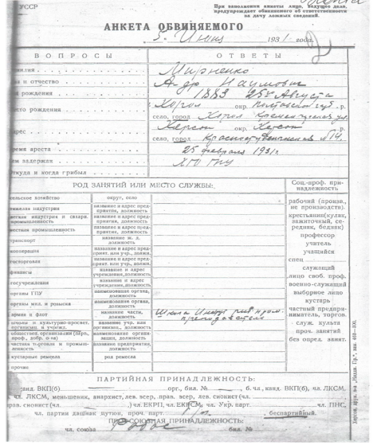 Анкета звинуваченого Мирненка О.Н. 1931 рік