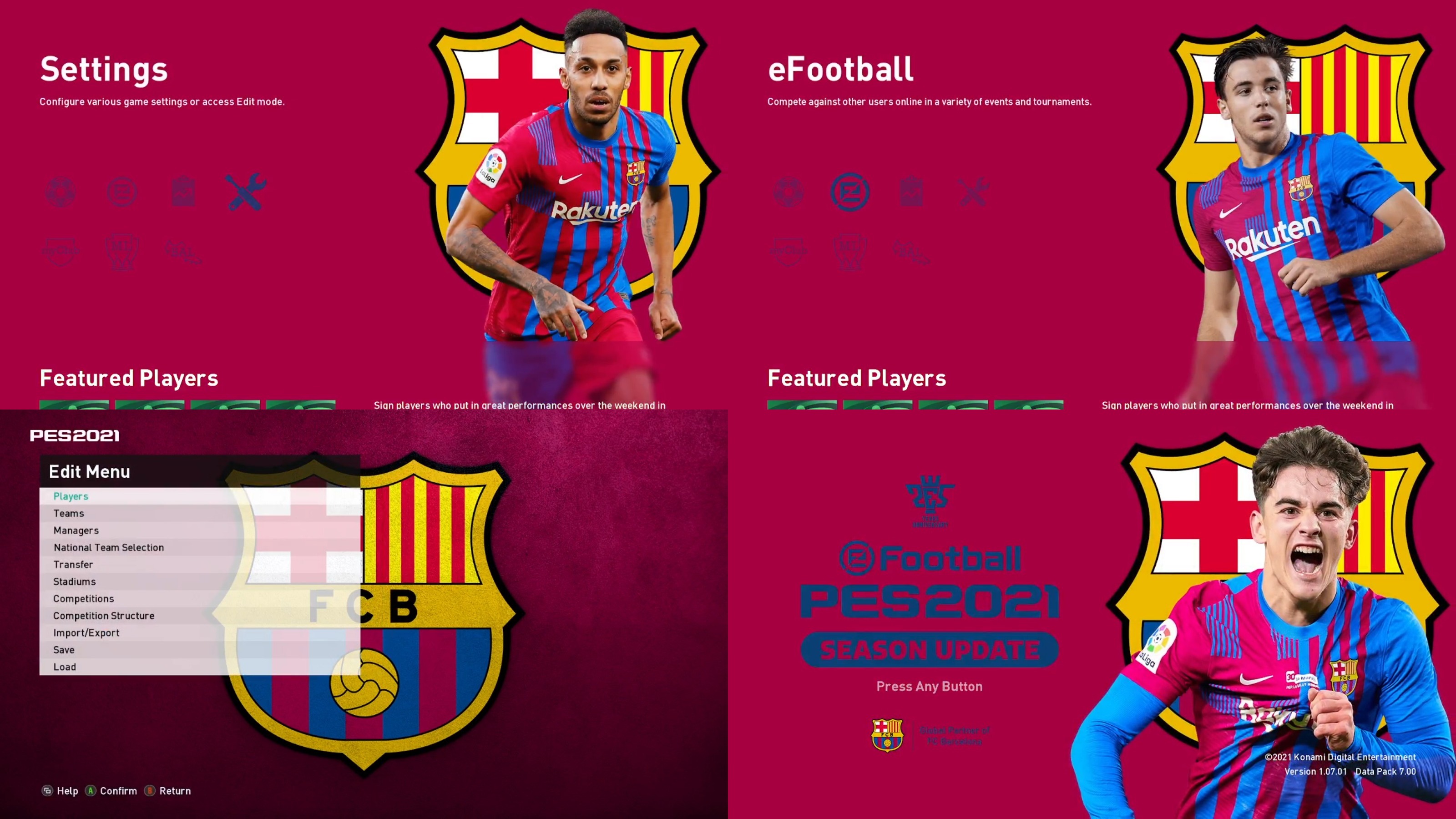 Menu PES 2021 FC Barcelona 2021/2022 với chủ đề câu lạc bộ sẽ khiến những fan của Barca không thể bỏ lỡ. Với hình ảnh đẹp mắt, âm thanh sống động và các tính năng vượt trội, việc trải nghiệm menu PES 2021 Barca sẽ không kém phần thú vị. Hãy nhanh tay xem ngay!