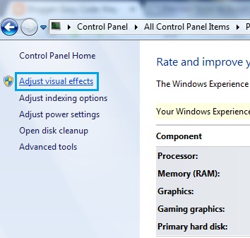 Control Panel Performance Information and Tool