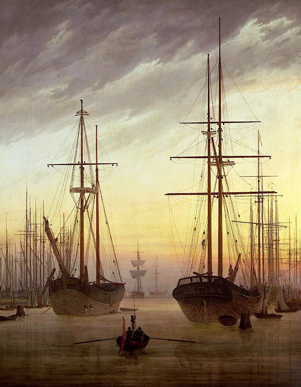 a painting by Caspar David Friedrich, ships in harbour at golden sunset