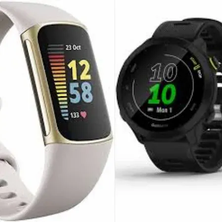 Image of Fitbit Charge 5 VS. Garmin Forerunner 55 Smart Watch with a white background