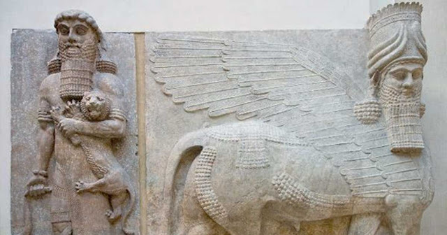 Гильгамеш и лев, крылатый бык с головой человека, Ассирия.