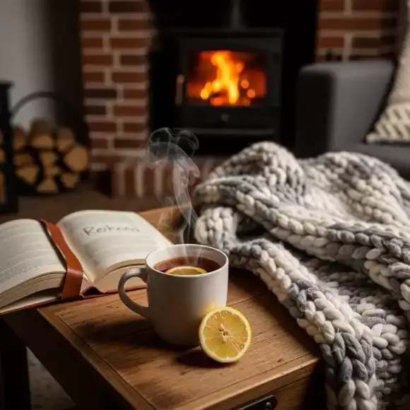 Caneca de chá e cobertor sobre a mesa, representando cuidados simples para prevenir doenças no frio.