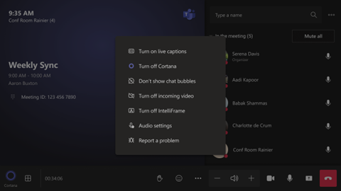 A detailed screenshot of the Microsoft Teams meeting interface displaying the new option to toggle the Cloud IntelliFrame feature. A clear menu shows a switch labeled 'Turn on/off IntelliFrame', allowing users to easily enable or disable this smart video feed feature for their personalized meeting experience.