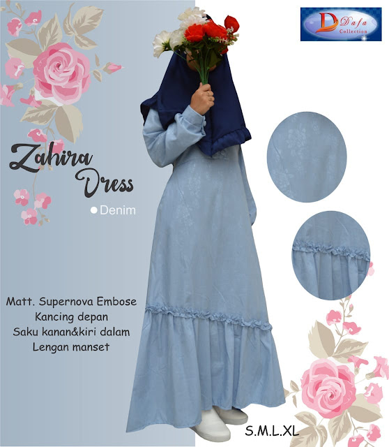 Gamis zahira dress baloteli warna drak denim kancing depan