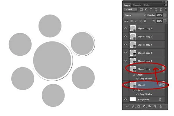 While holding down the Alt key, click and then drag the Drop Shadow layer to another circle layer.